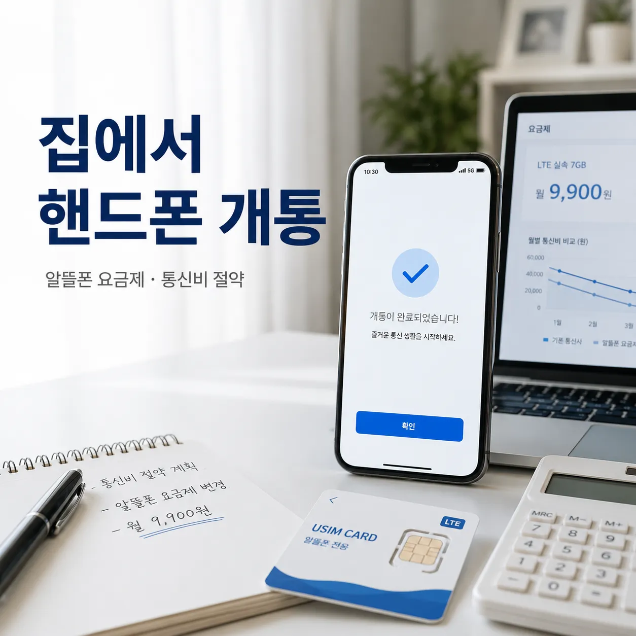 집에서 핸드폰 개통과 알뜰폰 요금제 통신비 절약 안내 이미지